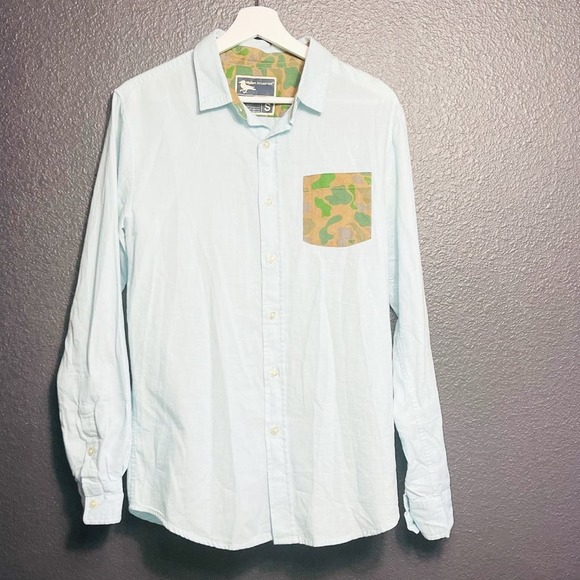 Modern Amusement Men's Light Blue Long Sleeve Shirt Camo Chest Pocket Size Small - Picture 2 of 9